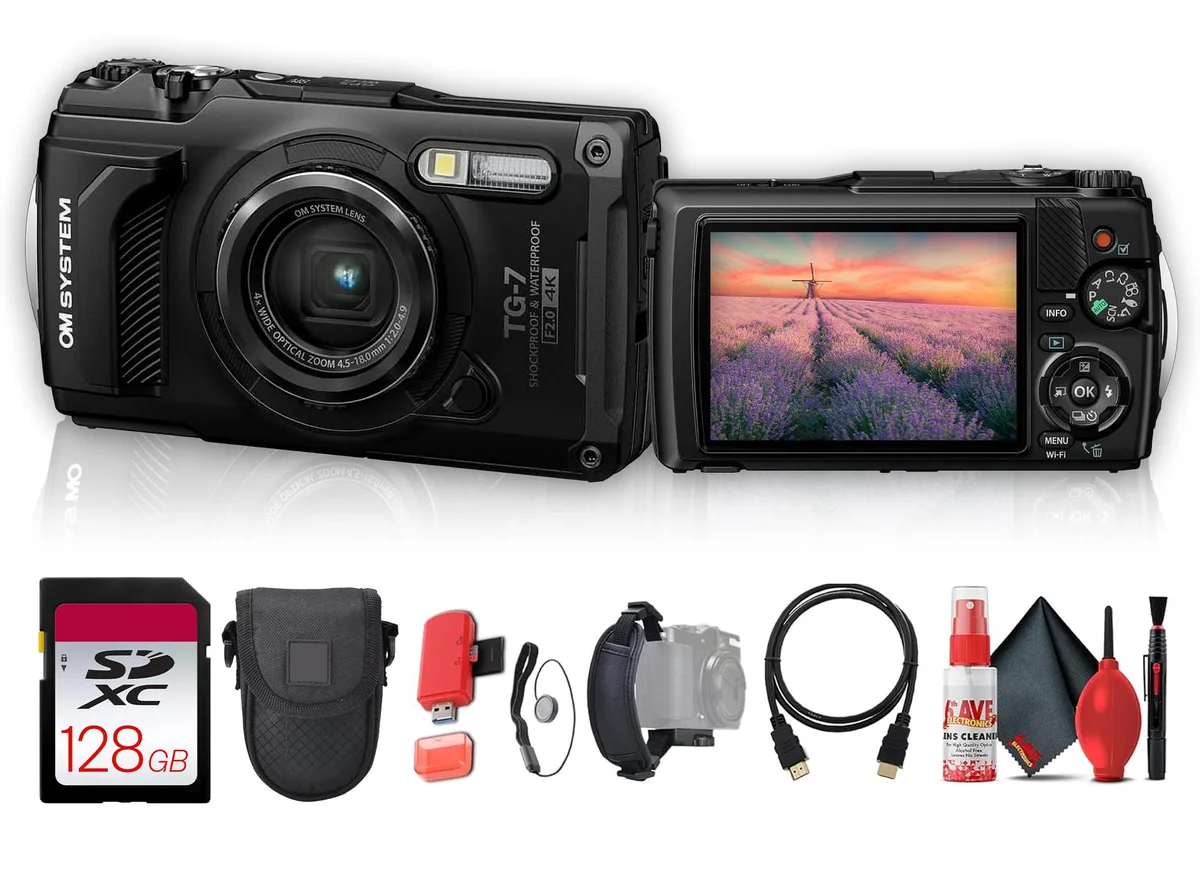 Black OM System Tough TG-7 camera with 128 GB card, HDMI cable, card reader, hand strap, cap keeper and cleaning kit