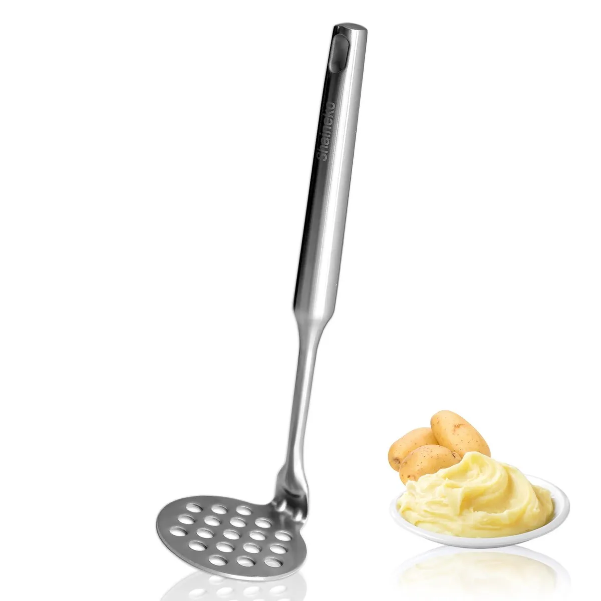 Compact silver stainless steel potato masher with textured handle and hanging hole