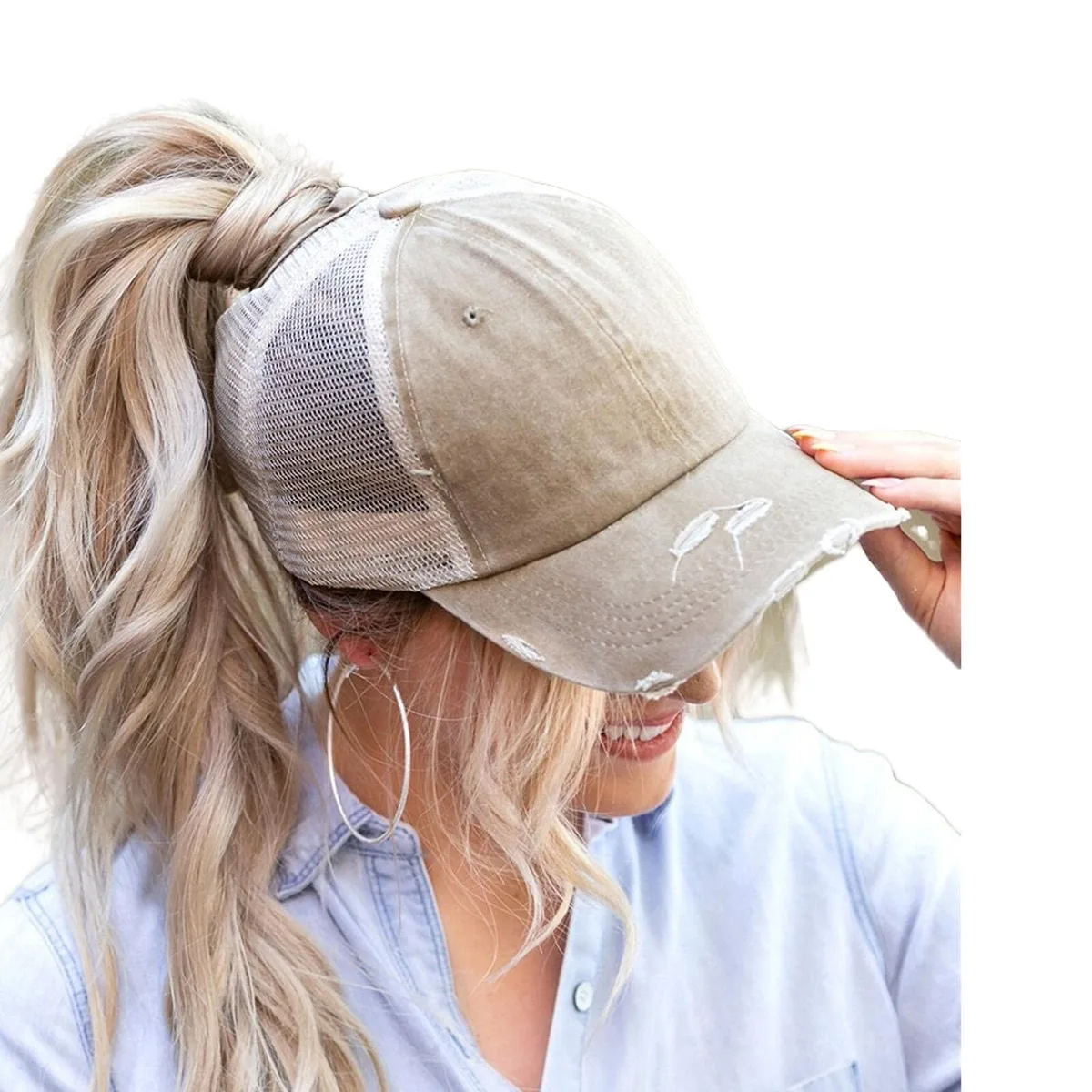 Distressed Baseball Cap Black 22-24 in 2.8 in Brim Ponytail Slot — product photo