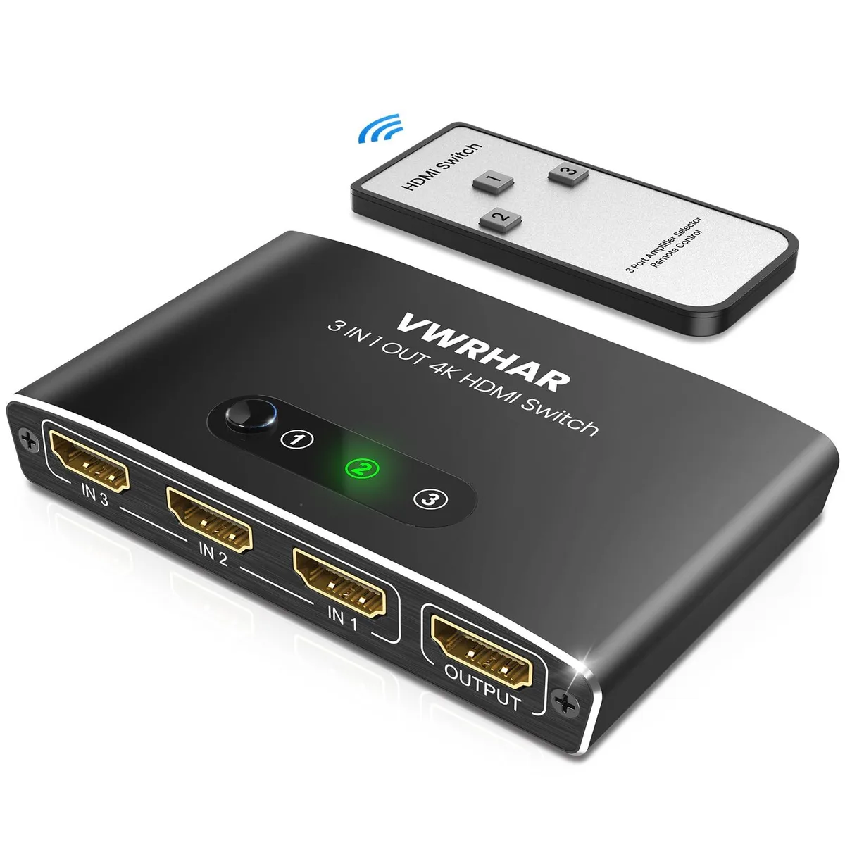 Small black metal box with three HDMI ports and remote