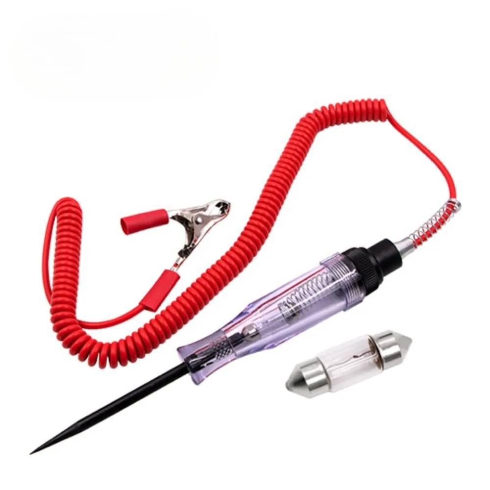 Yellow-handled circuit tester with coiled spring lead and sharp metal probe