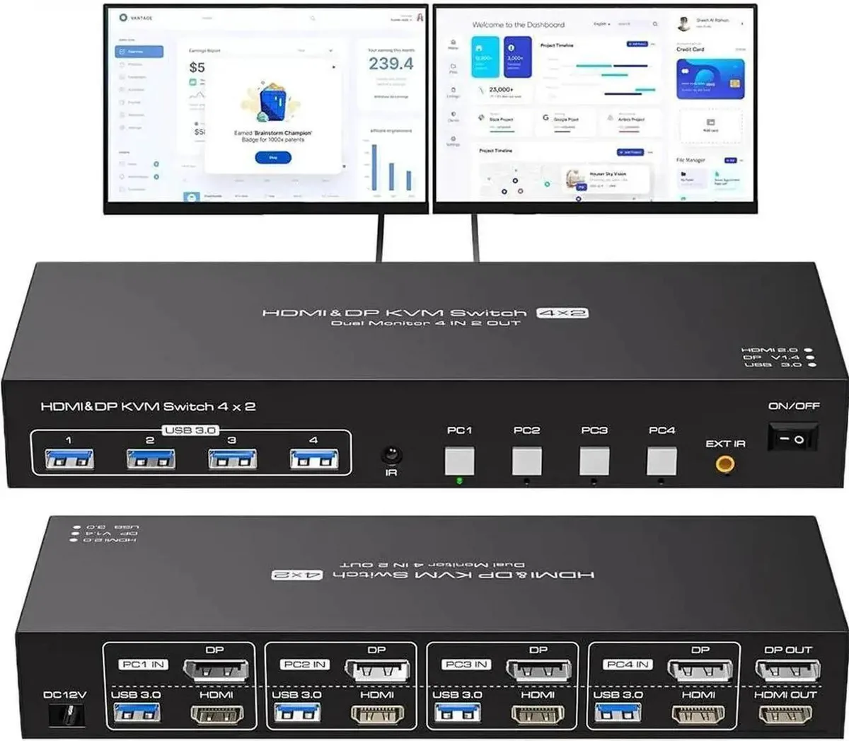 Vszerda Vszerda 4-Port Dual Monitor HDMI+DP KVM Switch 4K 144Hz — product photo