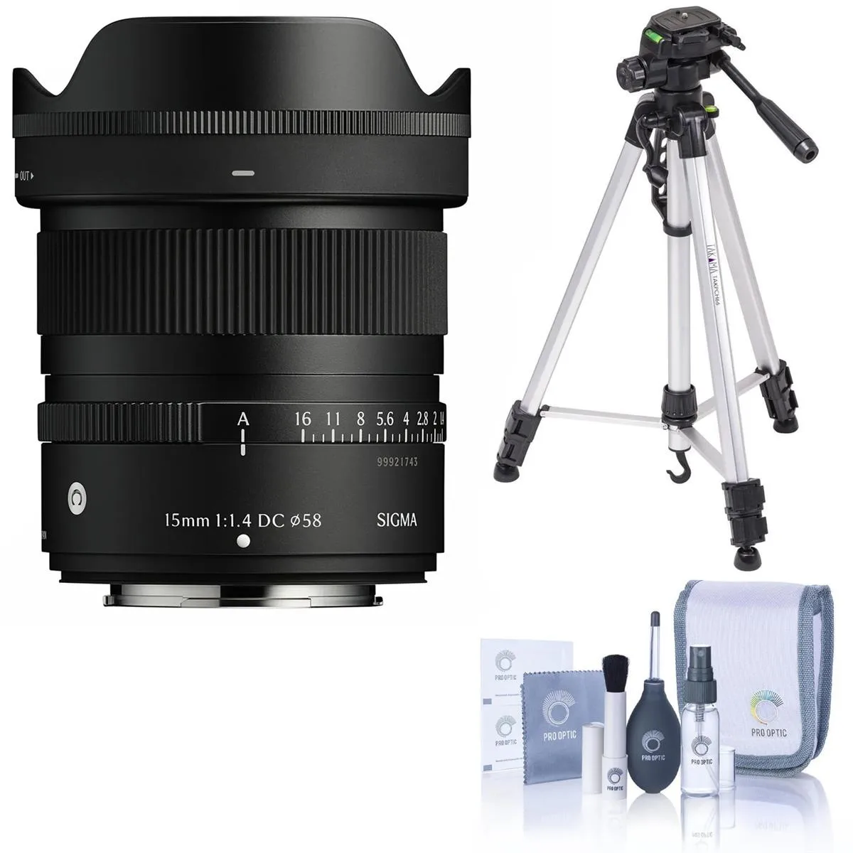 SIGMA Sigma 15mm f/1.4 DC Contemporary Lens for Fujifilm X with Takama Tripod and Cleaning Kit — product photo