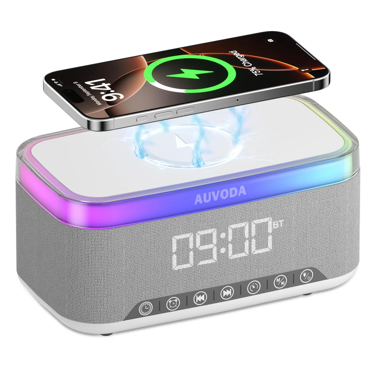 Auvoda S300 Pearl White portable speaker 16 W Bluetooth 5.3 15 W wireless charging 12-color LED — product photo