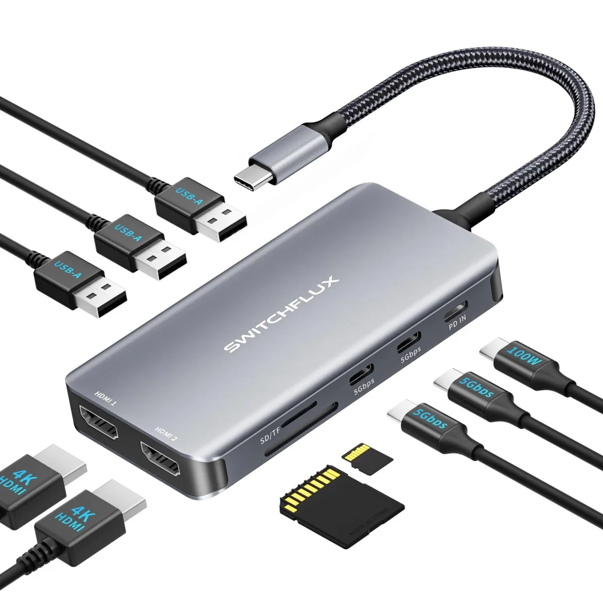  SWITCHFLUX 10-in-1 USB-C Docking Station Dual HDMI 4K@30Hz 100W PD — product photo