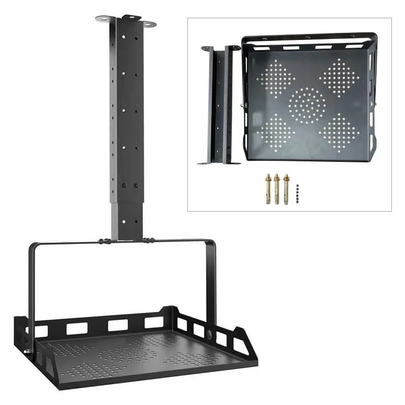 Black metal foldable ceiling projector mount with adjustable telescopic arm and rotatable tray
