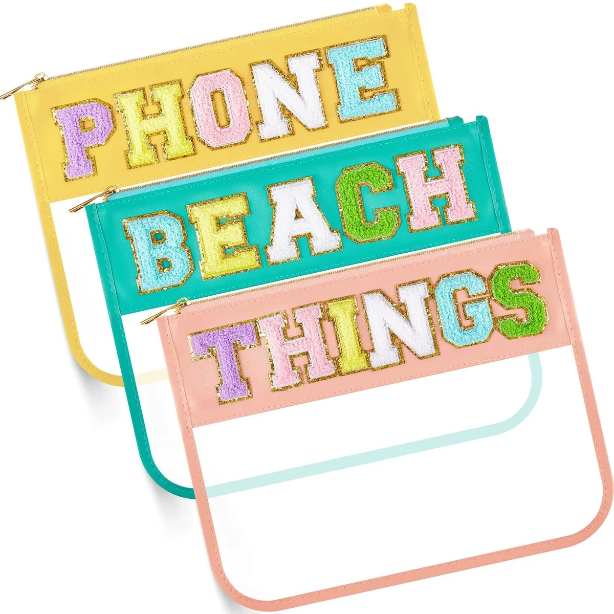 No Sew No Sew 3-Pack Chenille Letter Zipper Pouch Travel Accessory (Beach, Phone, Things, Candy Color) — product photo