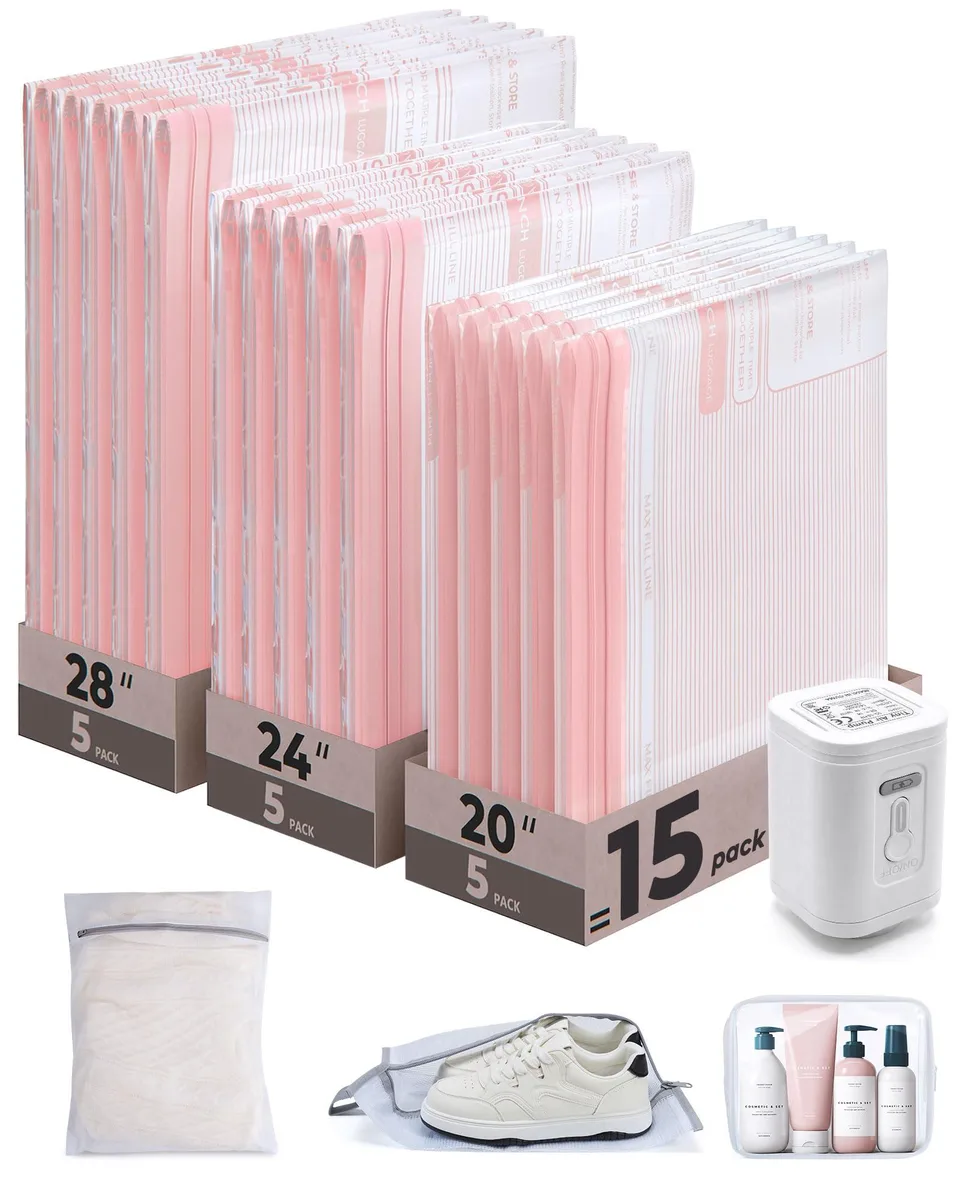 Pink 18-piece travel kit with vacuum bags, pump, shoe, laundry and toiletry bags