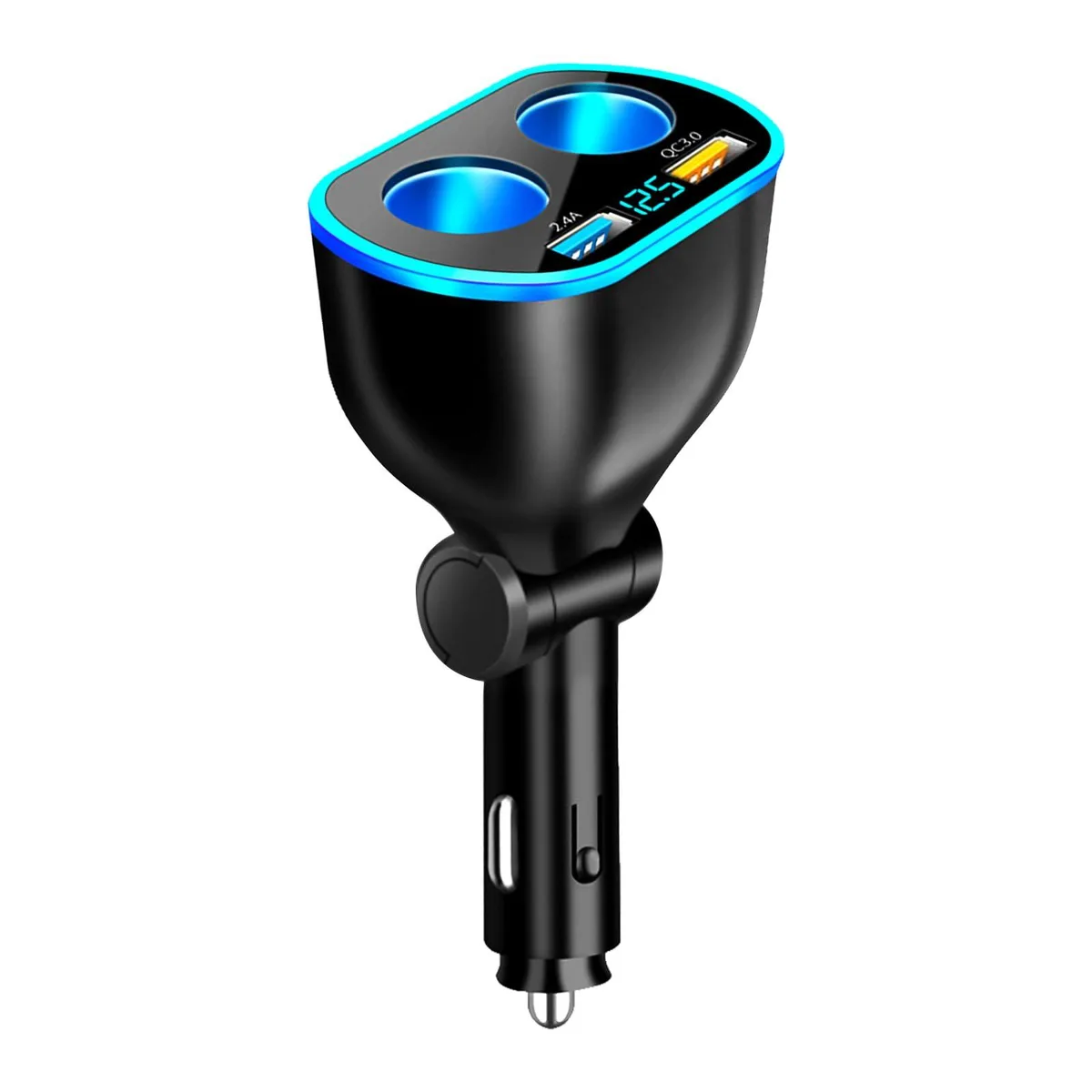 YGDMD SX03 4-in-1 Car Charger Splitter 12/24V USB 2.4A QC 3.0 LED Voltmeter 120° Swivel Black — product photo