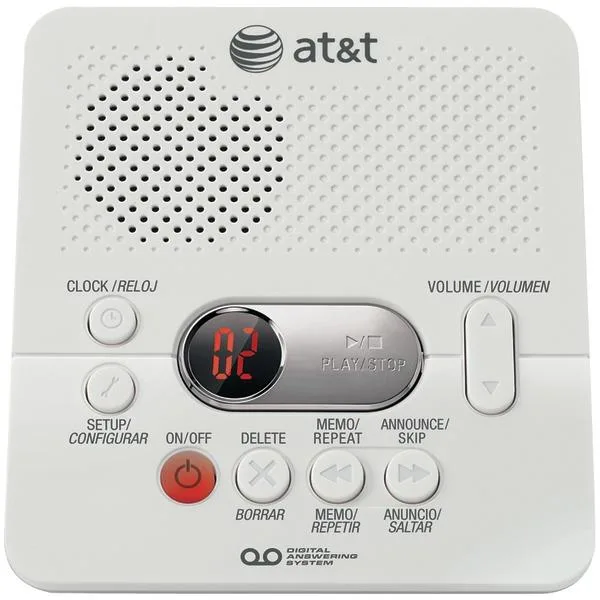 White rectangular digital answering machine with keypad and display