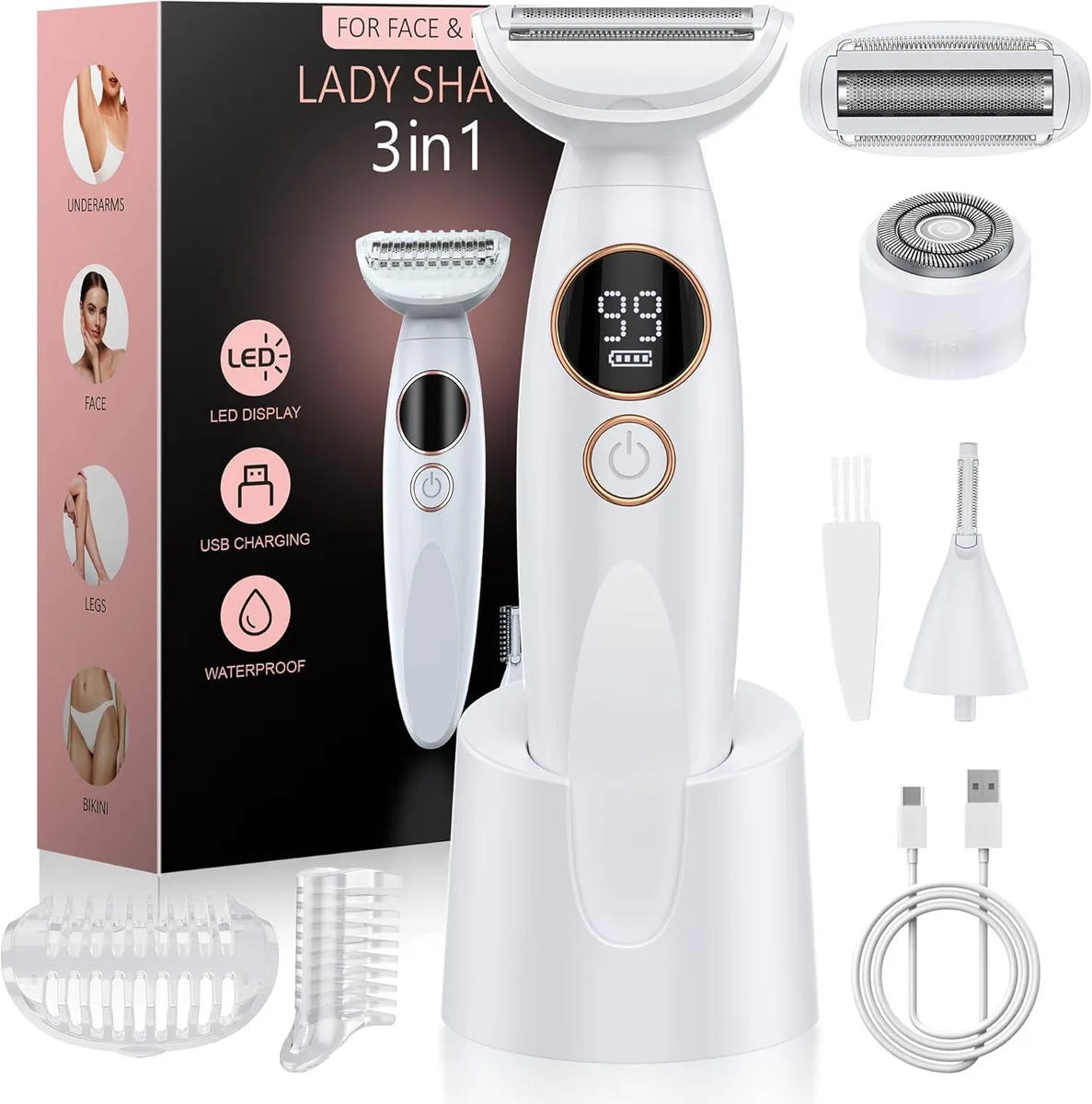 White 3-in-1 electric trimmer with three interchangeable heads and display