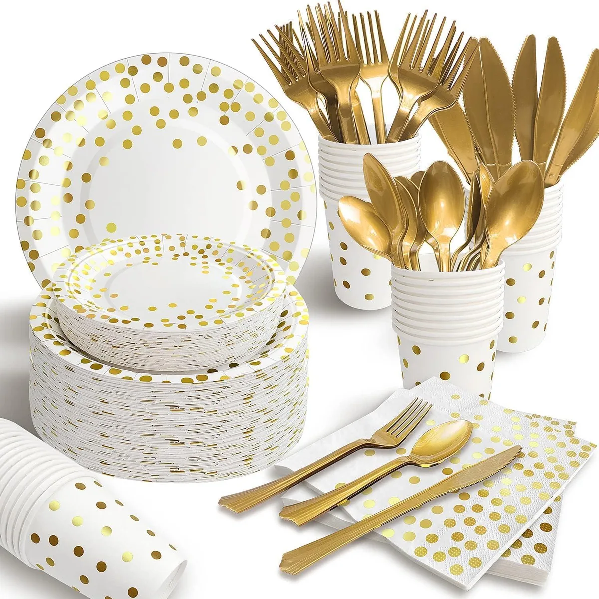 White boxed set of paper plates, gold plastic cutlery, cups and napkins