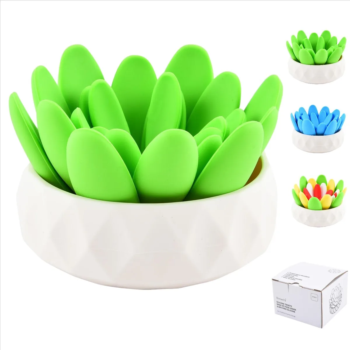 Five green silicone succulent-shaped coasters with holder