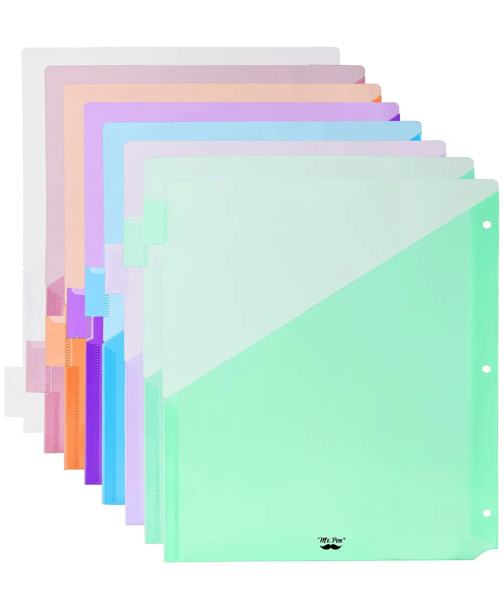 Eight pastel plastic binder dividers with diagonal pockets and insertable tabs