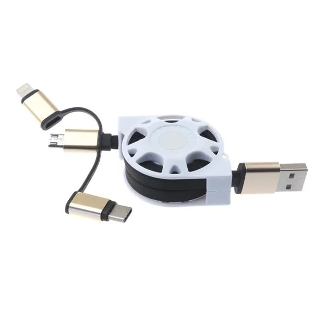 Fonus Fonus Retractable 3-in-1 USB Cable Micro-USB 8-Pin Type-C Black White — product photo