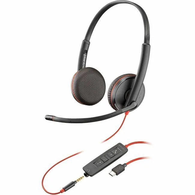 Black over-the-head stereo headset with leatherette ear cushions and inline controls