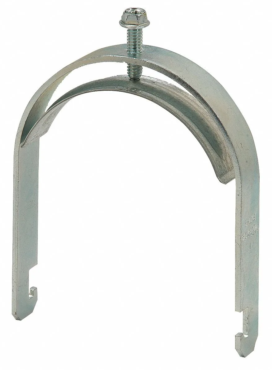 Silver steel conduit clamp with bolt and saddle, pre-galvanized finish