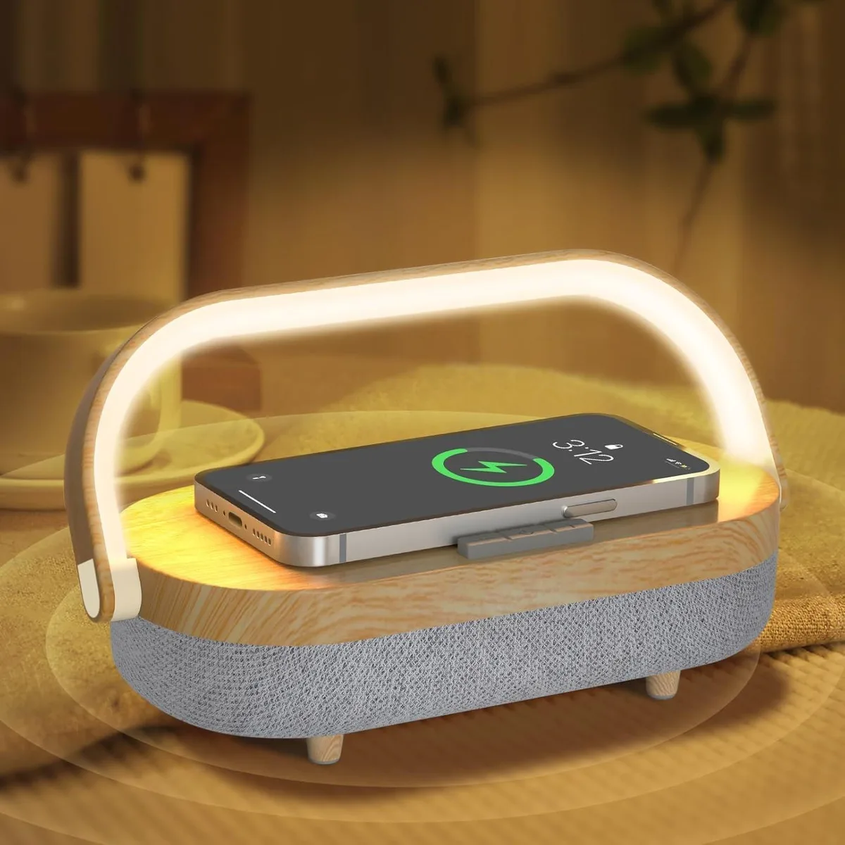 Wooden night light with touch controls, wireless charging pad, Bluetooth speaker and rotating phone holder