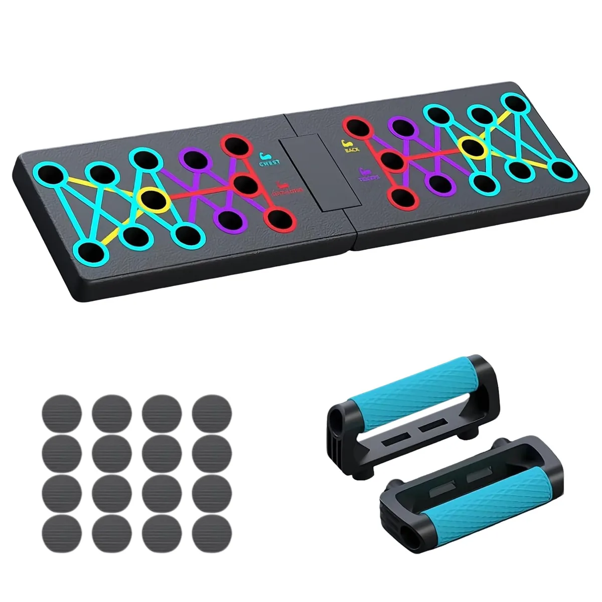 Black foldable push-up board with colour-coded hand positions