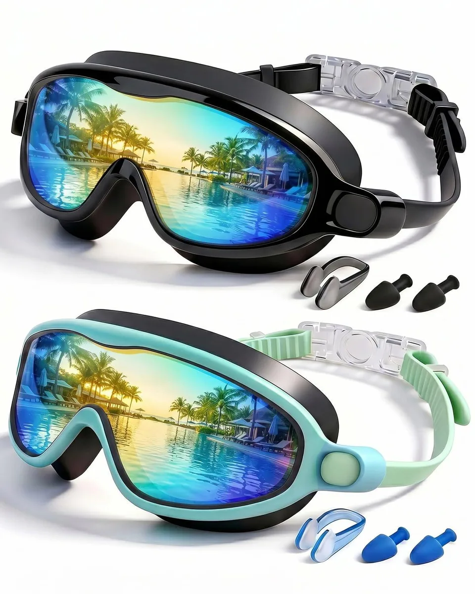 Two pairs of blue kids swim goggles with silicone frames and wide lenses