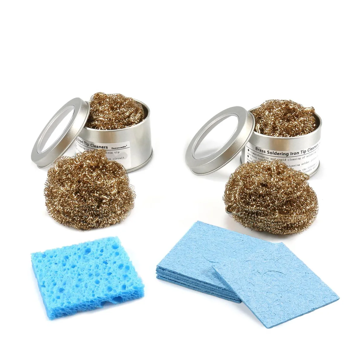 12-piece soldering tip cleaner kit with brass wire spools and sponges