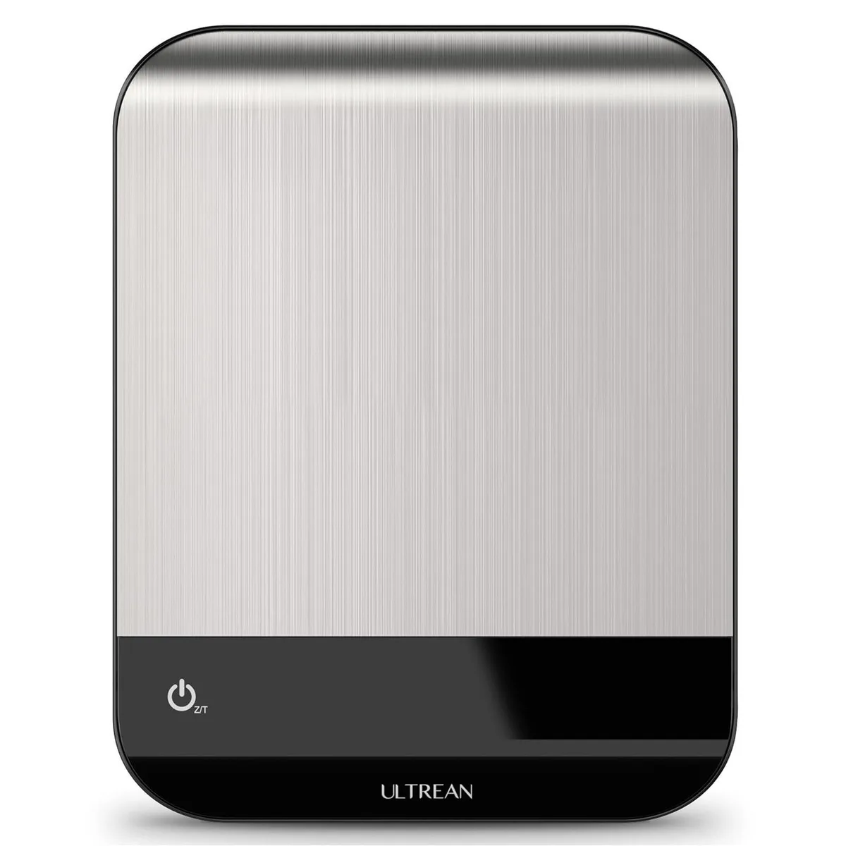 Silver rectangular digital kitchen scale with LED display and touch buttons on stainless steel surface