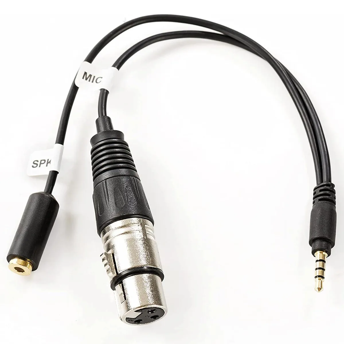 Black Y-splitter adapter with XLR female and 3.5mm male connectors, compact rectangular body