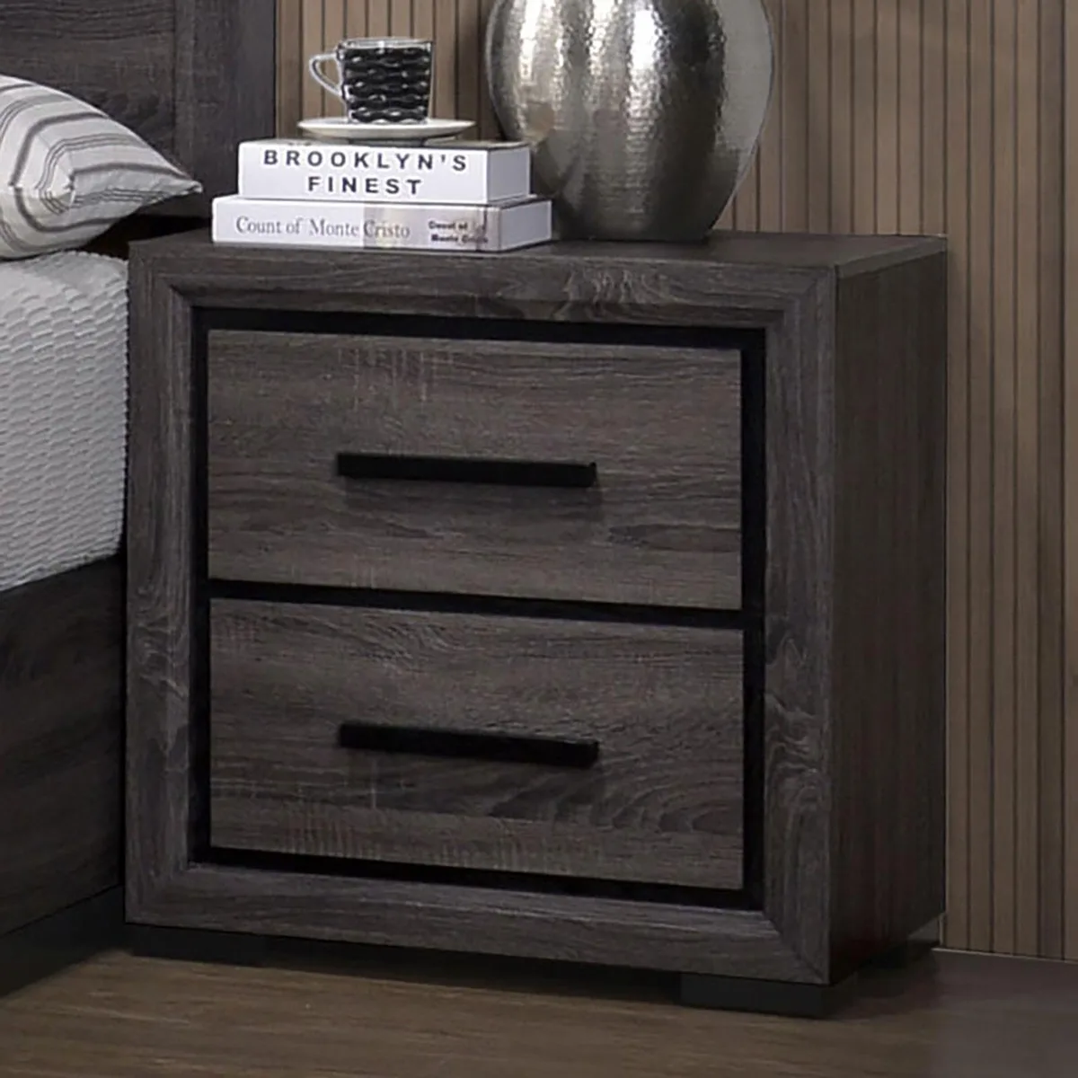 tuphen tuphen Gray Nightstand Bedside Table 2-Drawers Two-tone Black Trim 23 16 24 — product photo