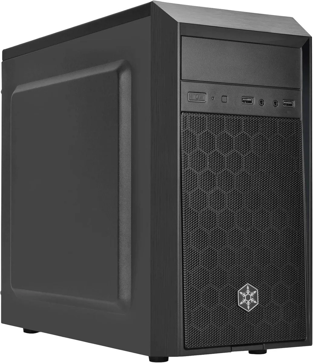 Compact desktop chassis with faux brushed aluminium, glossy accents and mesh front panel