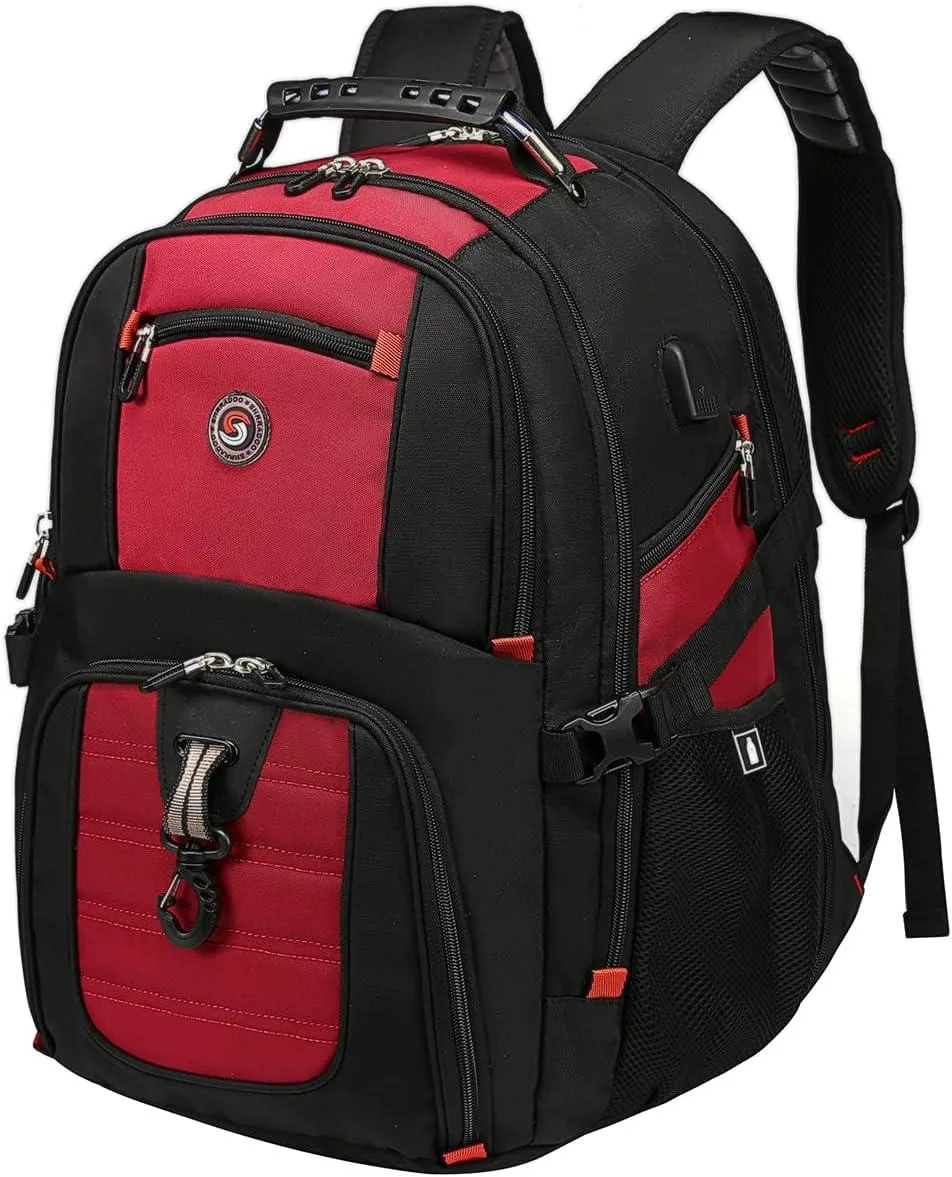 Red 50L travel laptop backpack with USB port and 17 inch laptop compartment