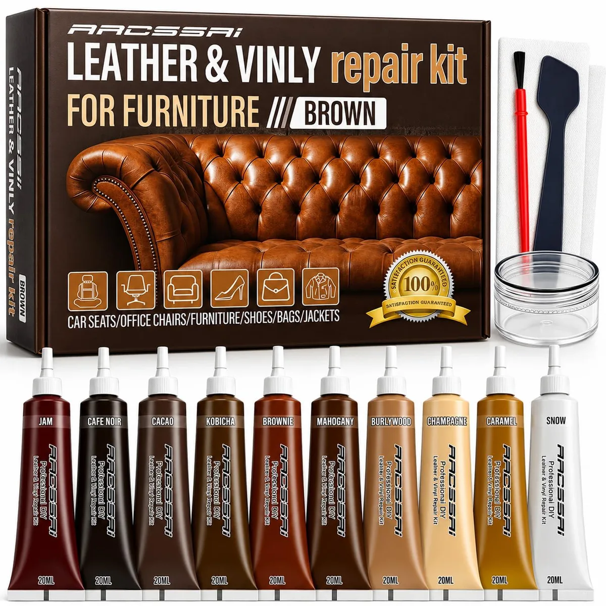 Boxed leather and vinyl repair kit with ten colour pots and tools