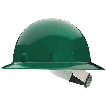 Green full-brim thermoplastic hard hat with 8-point ratchet suspension