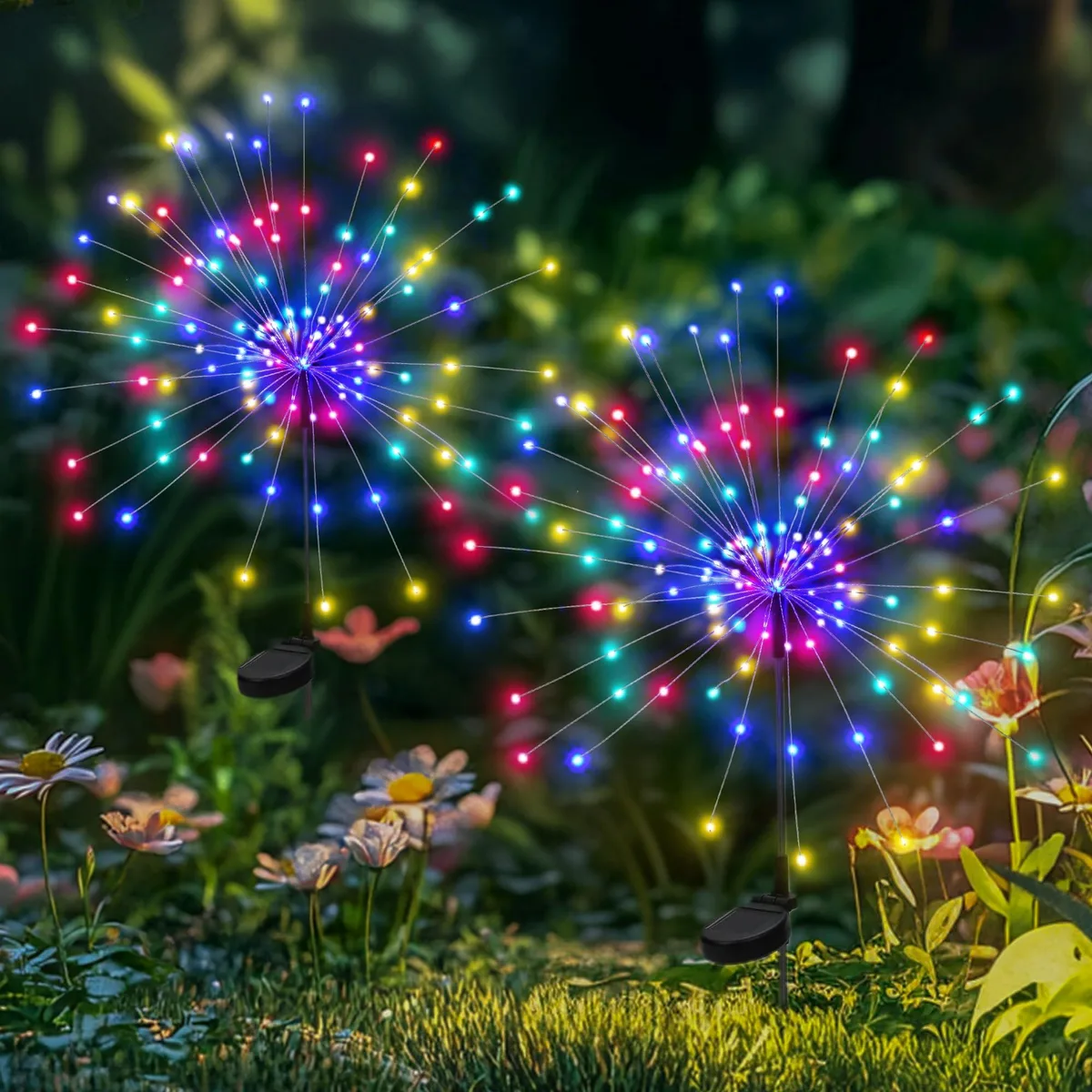 Two solar firework fairy garden lights multi-colored stake-mounted