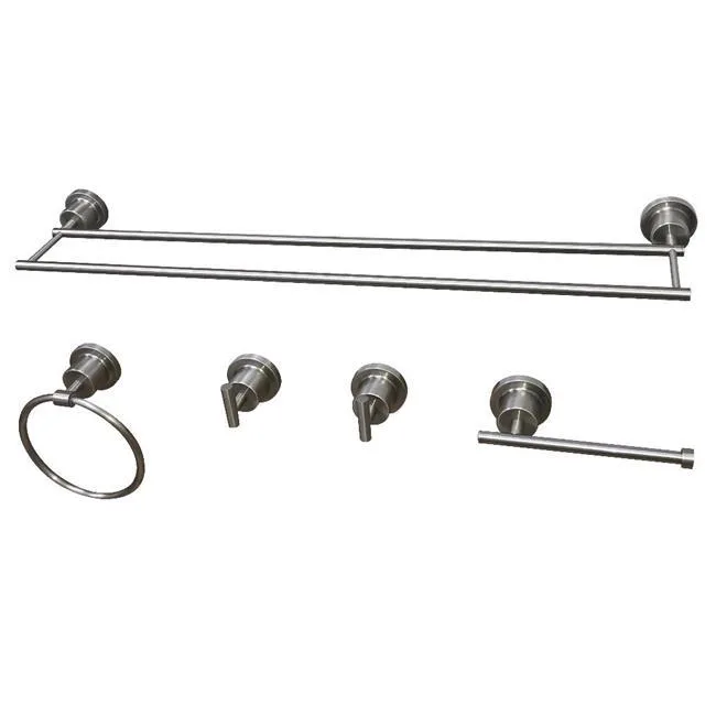 Five-piece brushed nickel bathroom accessory set with towel bar, ring, two robe hooks and toilet paper holder