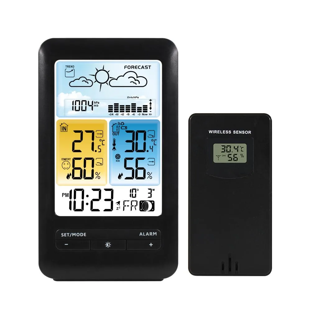 Rectangular white LCD weather station with black screen and multiple data readouts