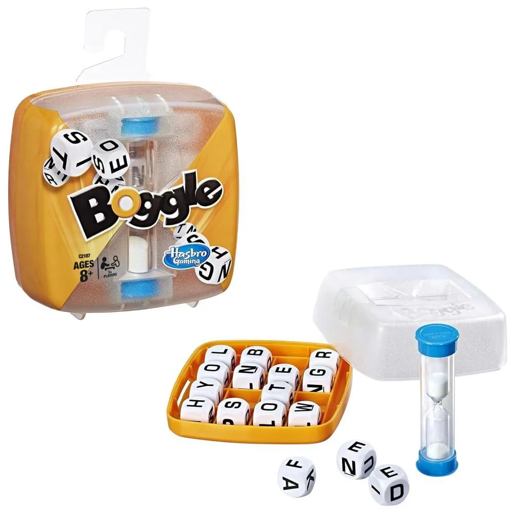 Compact brown plastic word game box with letter dice grid and timer inside