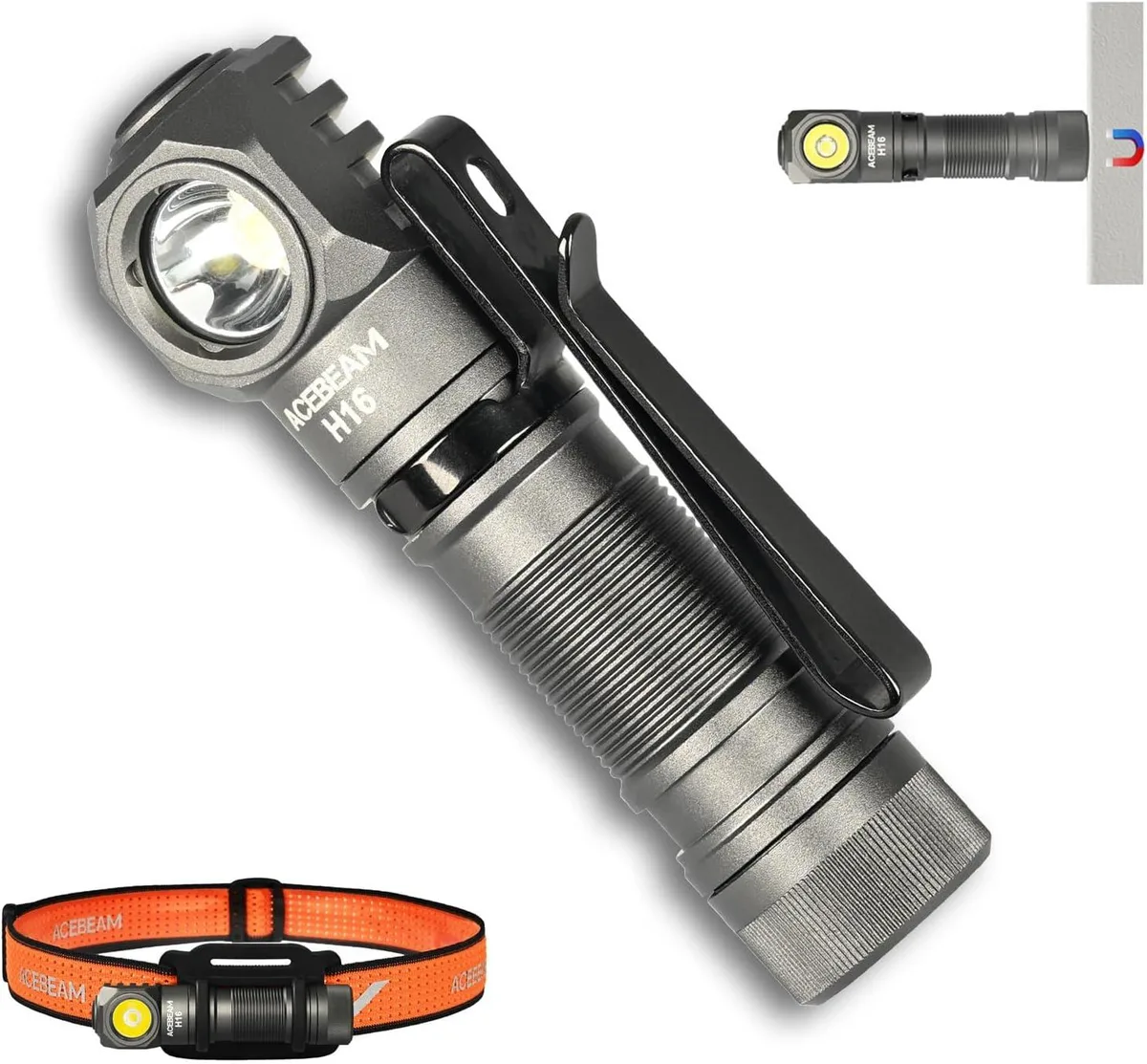 Compact right-angle flashlight in dark grey anodised aluminium with pocket clip and headband kit