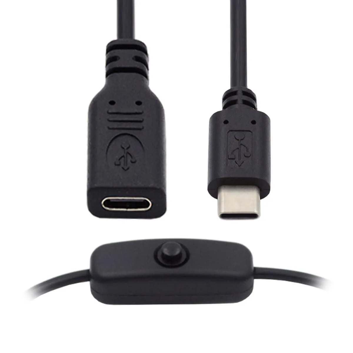 Black USB-C male-to-female cable with inline power switch