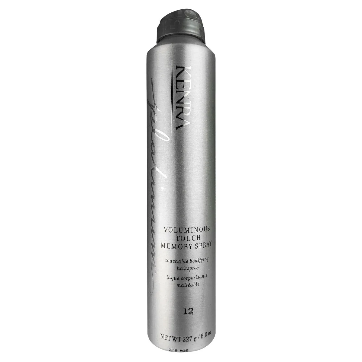 White cylindrical 8oz spray bottle with silver cap and multi-color Kenra Platinum label