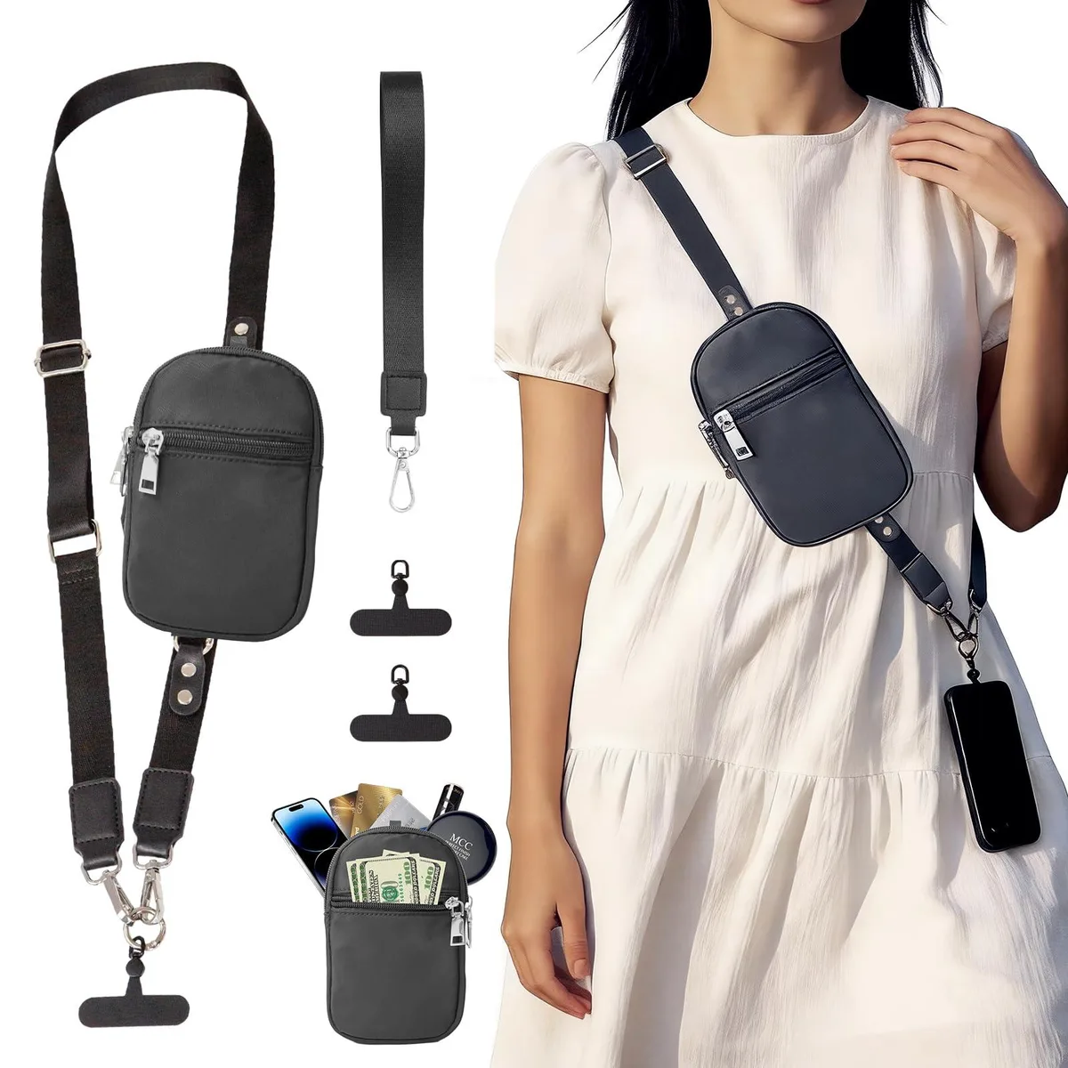  Clip And Go Phone Strap With Wallet RFID Wristlet 360 Rotatable Tabs Nylon Black — product photo