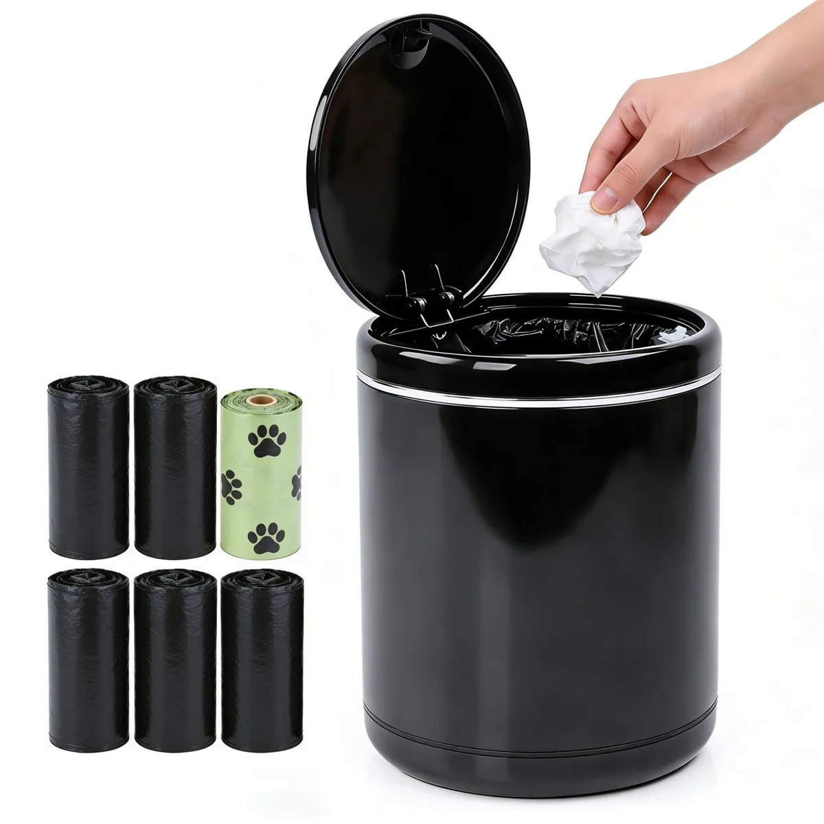 Three small white press-top bins with non-slip feet
