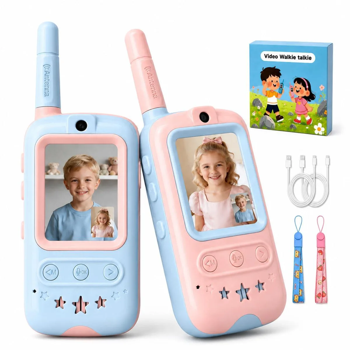Two small handheld video walkie talkies, one blue and one pink, each with a front screen and built-in antenna