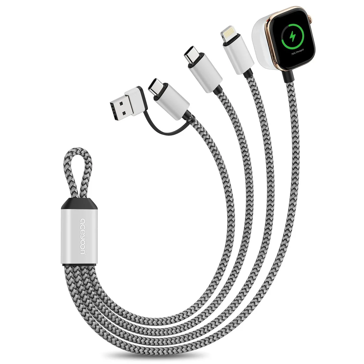 Short braided cable with USB-C and USB-A plugs, magnetic watch puck, Lightning tip and USB-C tip