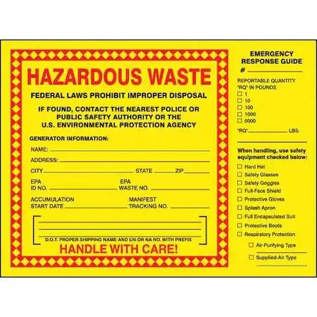 Yellow vinyl hazardous waste label roll with red text, 25 labels per pack