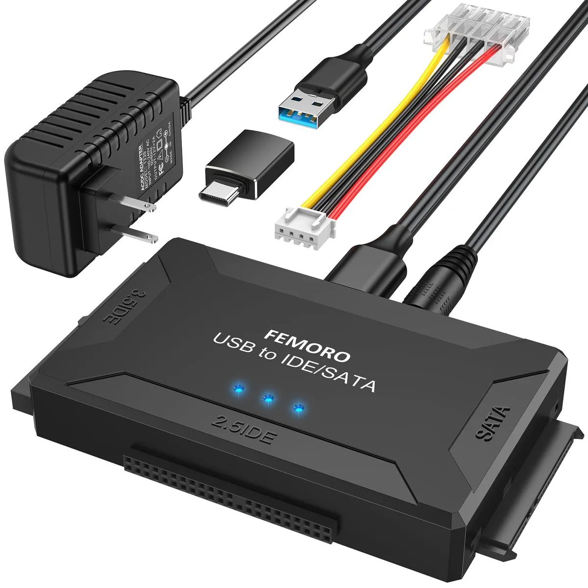 Black rectangular adapter with USB 3.0 and Type C connectors, SATA and IDE ports, power switch and LED indicator