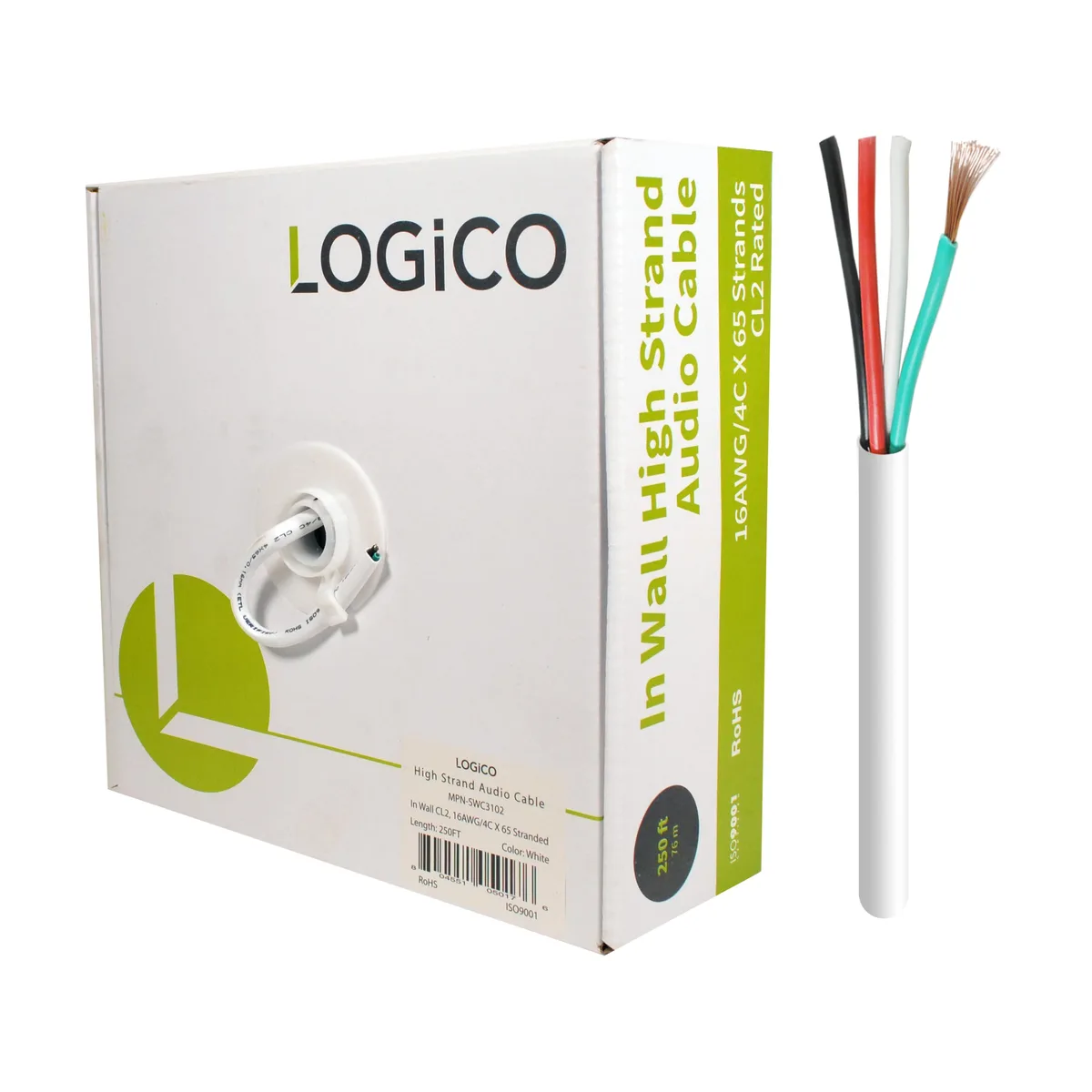 Logico Logico 16AWG 4-conductor speaker wire 250ft white — product photo