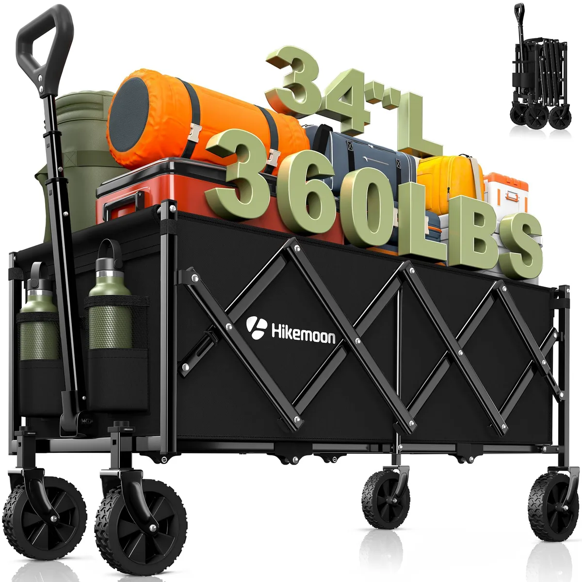 Black collapsible wagon, extra-long frame, fabric body, four wheels, folded handle visible