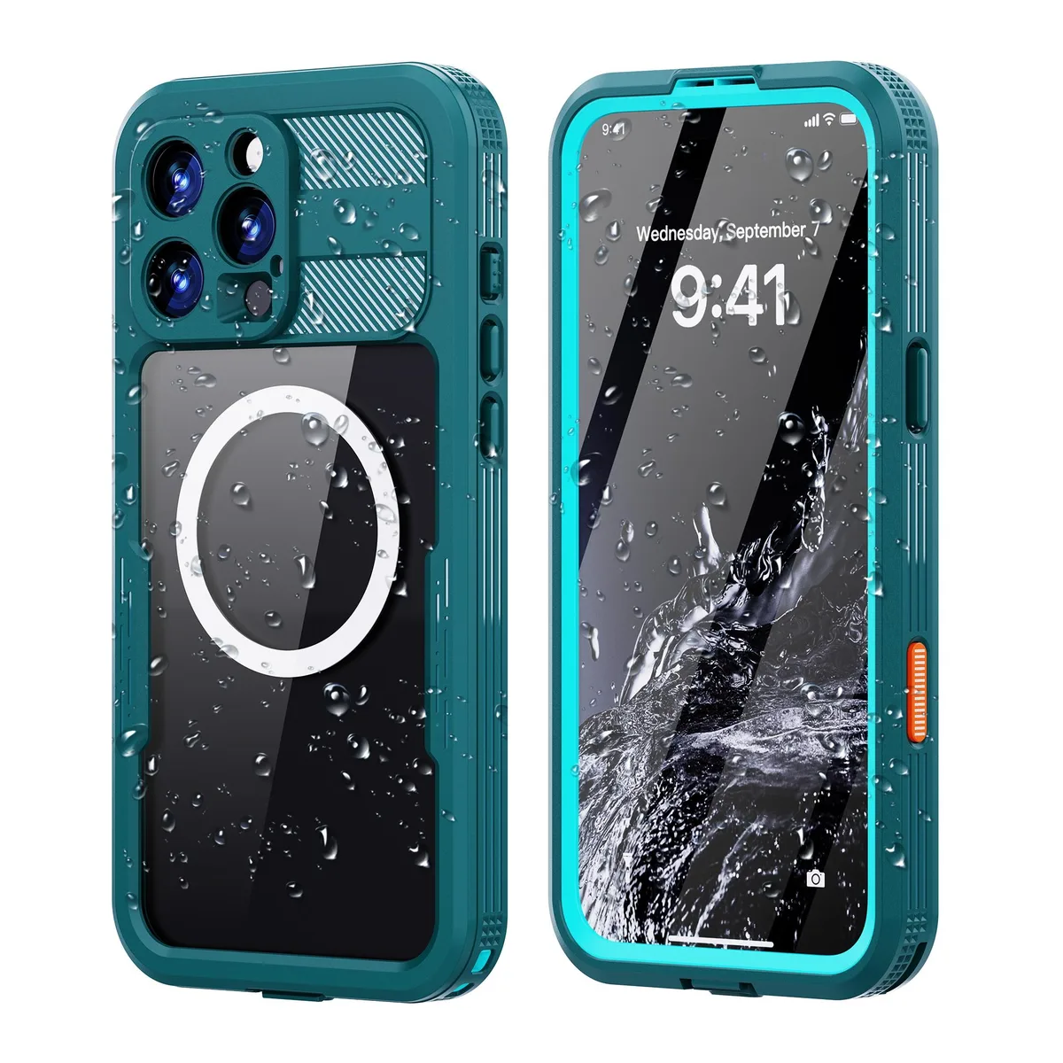 Blue full-body waterproof case for iPhone 16 Pro Max with clear back and built-in screen protector
