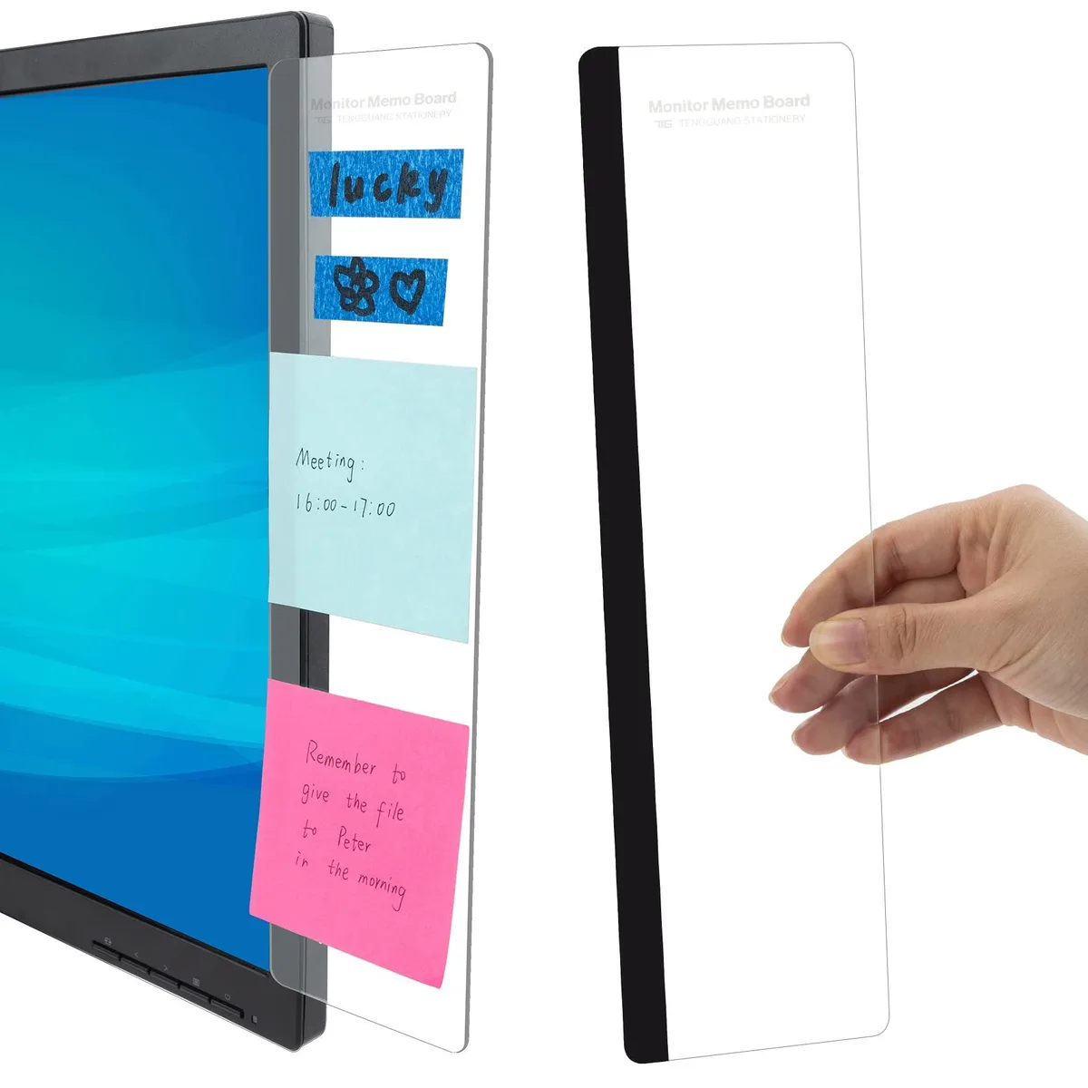 Two clear acrylic rectangular sticky-note holders 11 by 3.1 inches