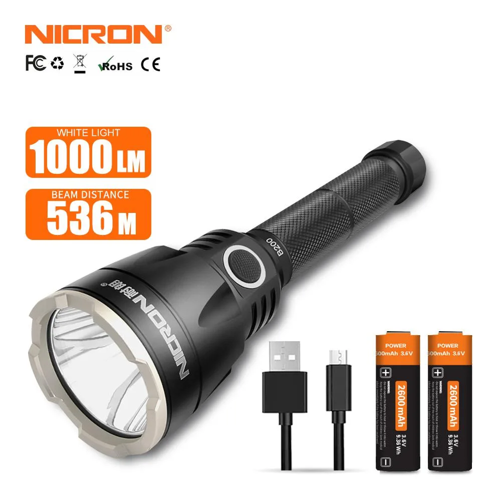 NICRON NICRON B200 1000lm 536m 2x18650 IP68 Flashlight — product photo